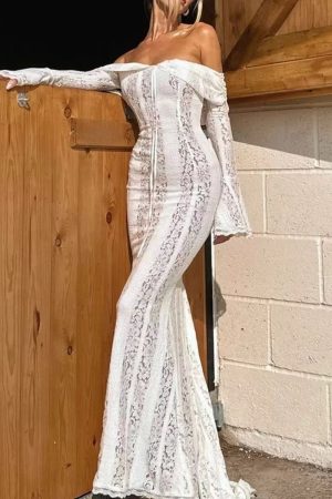 Long dress with off-the-shoulder design, lace trim, and flared sleeves