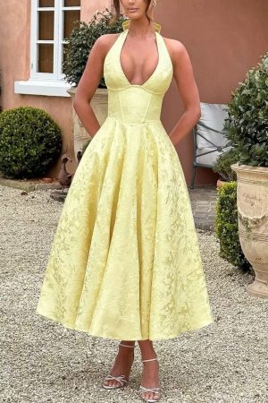 V-neck, hanging neck, jacquard evening gown