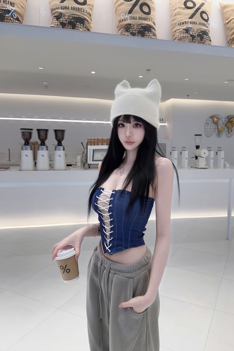 American-style bandaged lace denim tank top